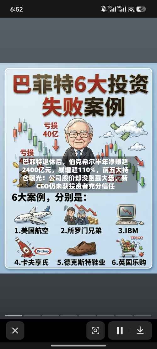 巴菲特退休后，伯克希尔半年净赚超2400亿元，暴增超110%，前五大持仓曝光！公司股价却没跑赢大盘，新CEO仍未获投资者充分信任