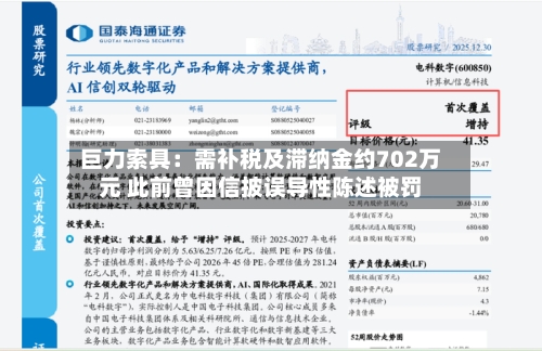 巨力索具：需补税及滞纳金约702万元 此前曾因信披误导性陈述被罚