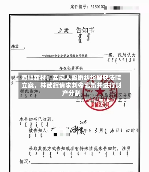 海顺新材：实控人离婚纠纷案获法院立案	，林武辉请求判令离婚并进行财产分割-第2张图片